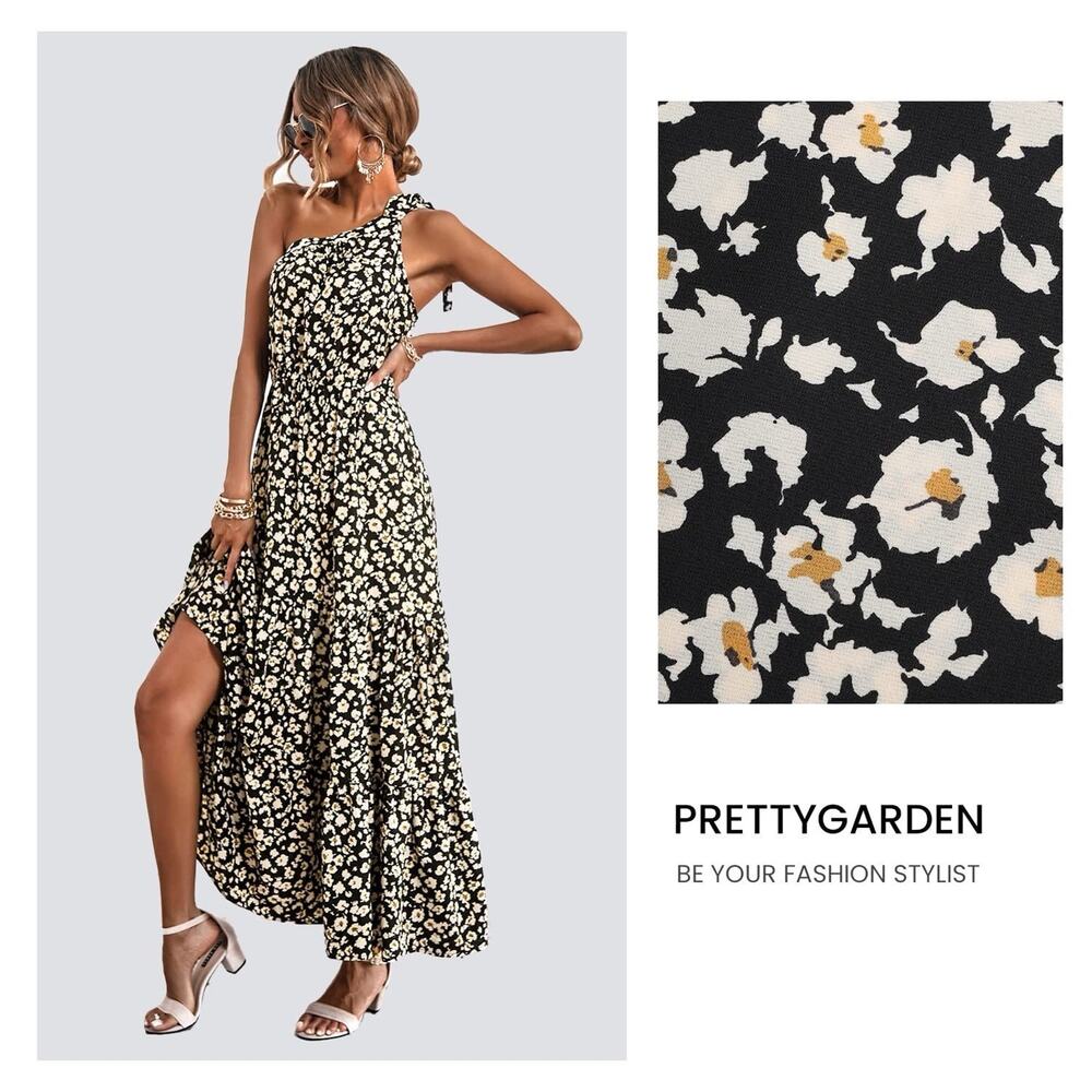 Pretty Garden Women’s Floral One Shoulder Dress Ruffle Boho Beach Vacation SizeM